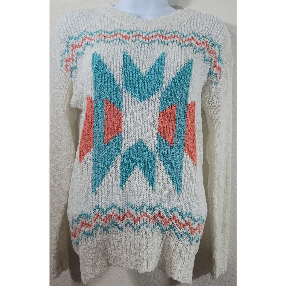 Ellison Ellison White Teal Orange Popcorn Knit Aztec Sweater Top Large Soft